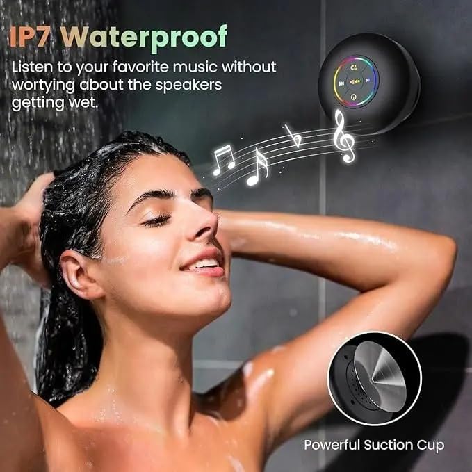 Large Suction Cup Waterproof Bluetooth Speaker with Powerful Bass, Built-in Mic, LED Lights & Hands-Free Calling – Portable Wireless Shower Speaker for Bathroom, Pool, Beach, and Outdoor Use  EzyKom