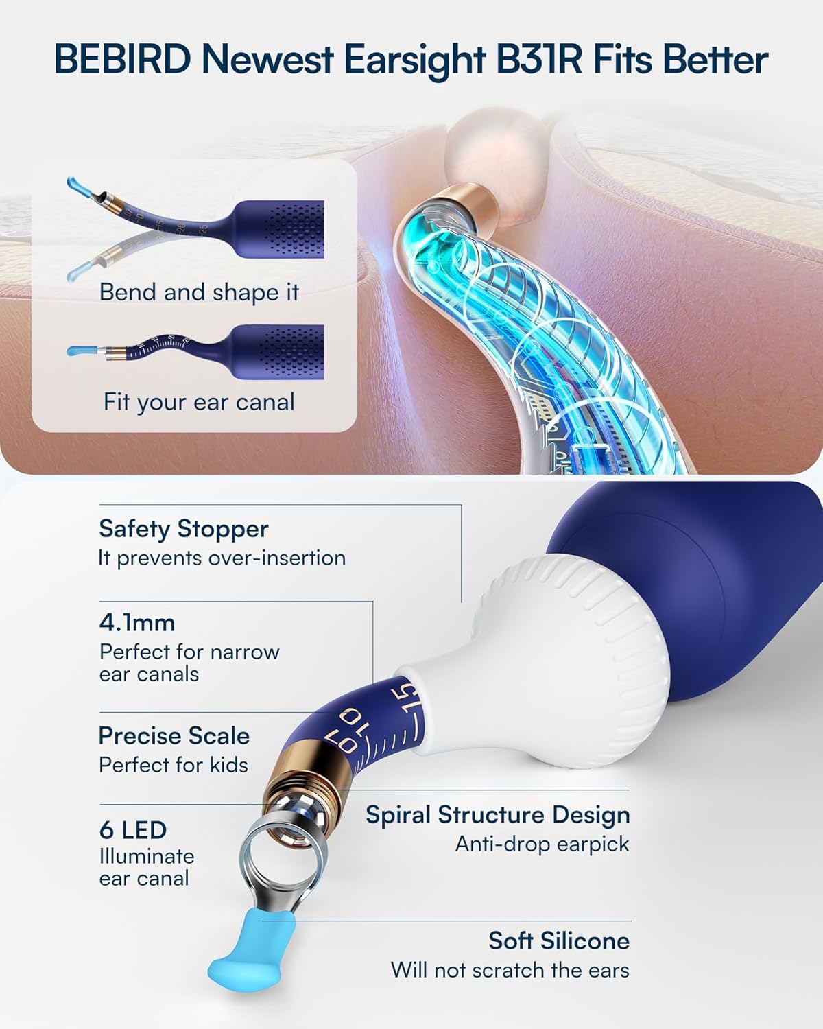 Earsight Plus R37R Ear Cleaning Camera Wax Removal Tool kit, Flexible Ear Scope Otoscope Camera Light, Visual Ear Picker Wireless Earwax Remover Tweezers for Adults & Kid (A)  EzyKom