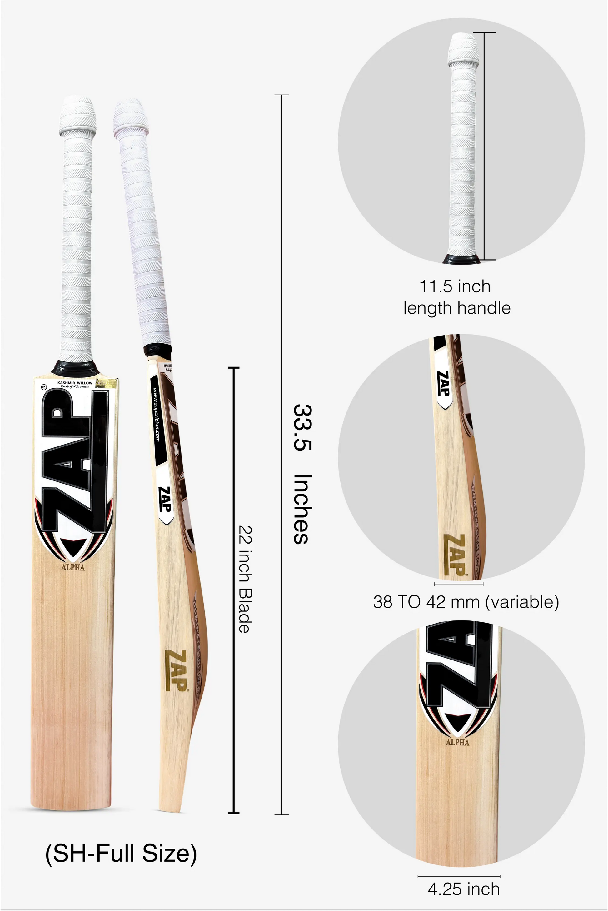 ZAP Alpha Kashmir Willow Cricket Bat (White)  EzyKom